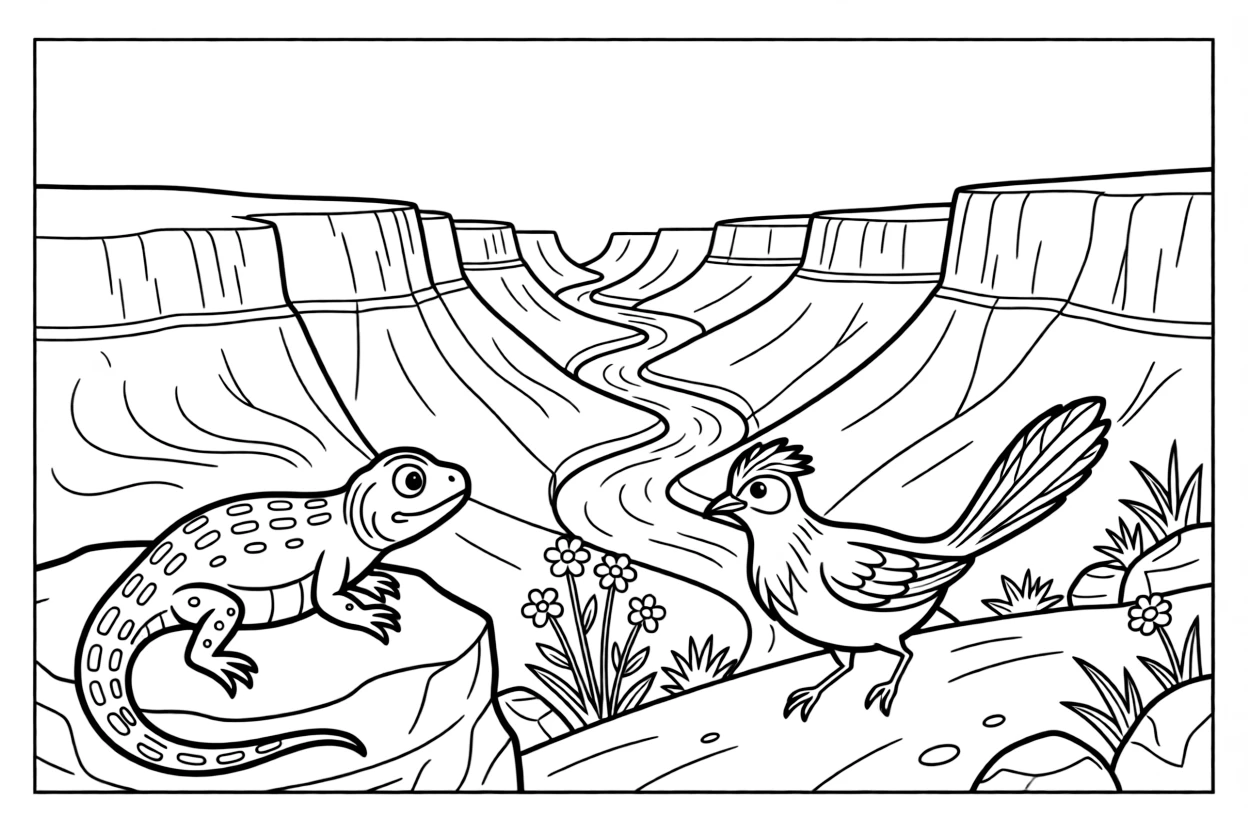 [Canyon Trails] A curious lizard suns itself on a warm rock overlooking a dramatic canyon vista. A roadrunner darts across the trail past a cluster of wildflowers growing between rocks. A winding river cuts through the canyon floor far below the rocky rim trail. A warm breeze drifts through the canyon beneath a wide, clear blue sky.