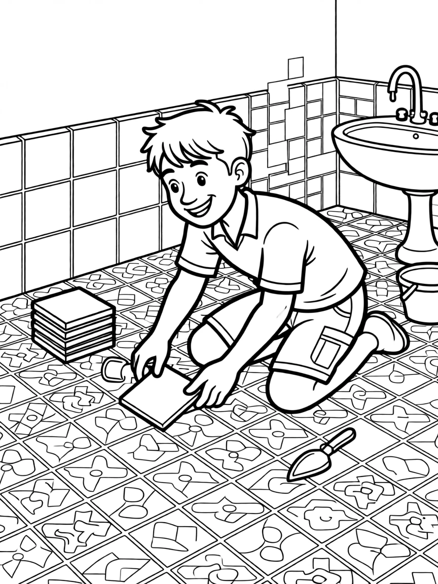 A tile setter arranges colorful tiles into a pattern on a bathroom floor.