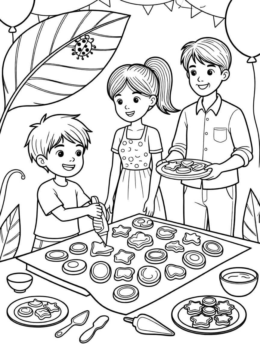 An energetic boy decorating cookies with icing during a welcome-home party with a mom and dad as a ladybug crawls on a leaf.