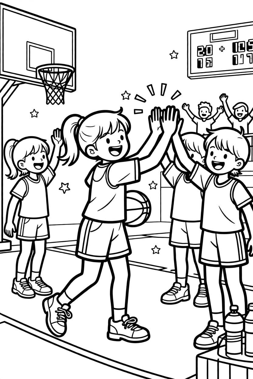 An energetic girl with a big smile, high-fiving teammates after scoring points at the end of a close match.