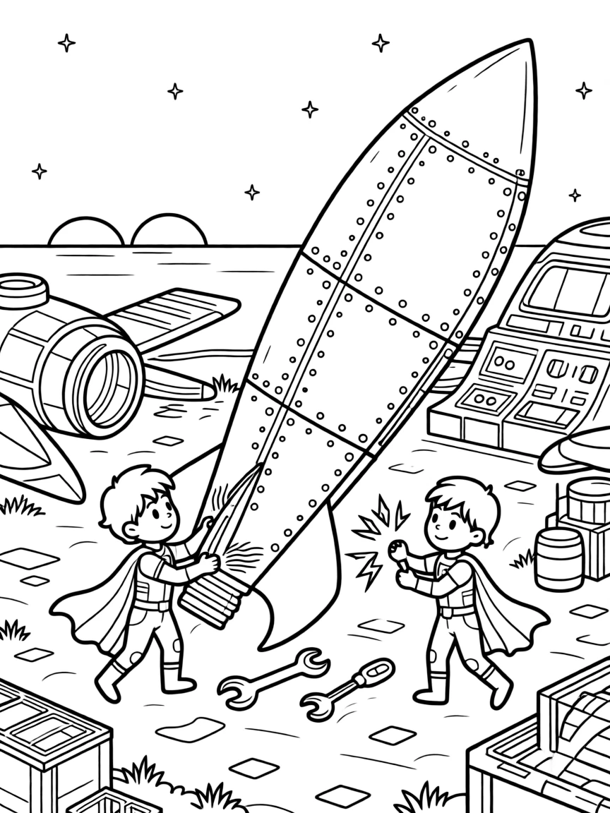 In a busy shipyard where spaceships are built and repaired, twin superhero siblings Frost (sound-blasting) and Juno (electric) assembling a giant kite shaped like a rocket for the sky festival, while a pair of moons rising over the horizon adds to the excitement.