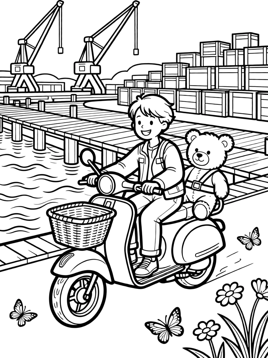 This coloring page shows a moped zipping along with a wicker basket on front making its way across a busy harbor lined with docks, cranes, and stacked crates, accompanied by a teddy bear buckled safely into the passenger seat, while butterflies fluttering near a patch of wildflowers adds extra charm to the scene.