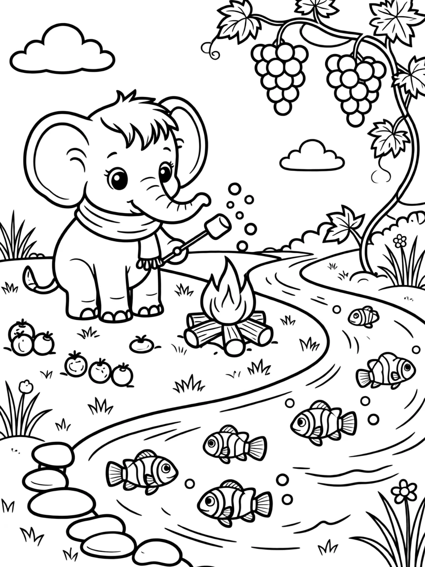 A baby elephant roasting marshmallows by a campfire with a school of clownfish beside a bubbling brook, near a vine of grapes, with ripe berries scattered on the ground.
