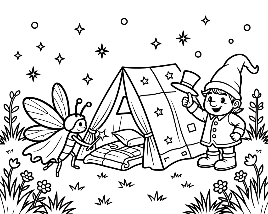 In a meadow during the first snowfall of winter, a pint-sized fairy godmother beetle discovers the joy of building a blanket fort shaped like a spaceship, while a garden gnome tipping his pointy hat watches happily nearby. Sparkles and stars fill the air with magic.