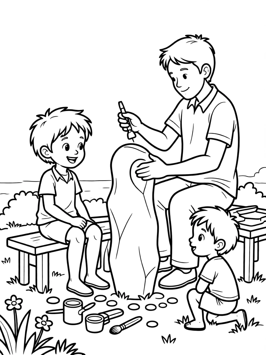 A coloring page of a child in Zimbabwe enjoying a craftsman carving a smooth stone sculpture, surrounded by colorful supplies and a curious sibling watching closely.