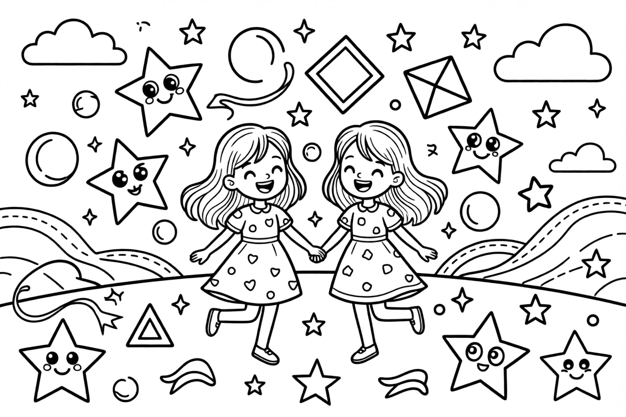 excited twin sisters watch shapes come alive and dance together in a geometry-themed dreamland.