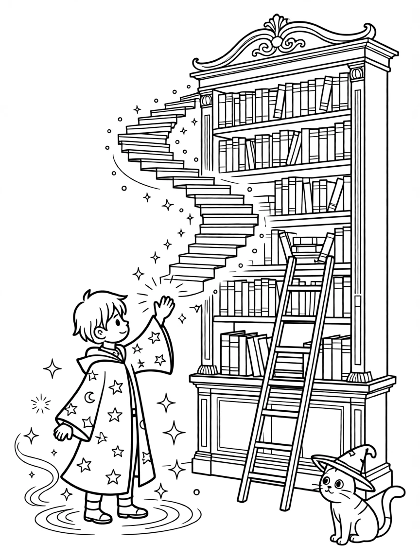 A wizard conjures a staircase made of solid light to reach a bookshelf too tall even for his ladder.