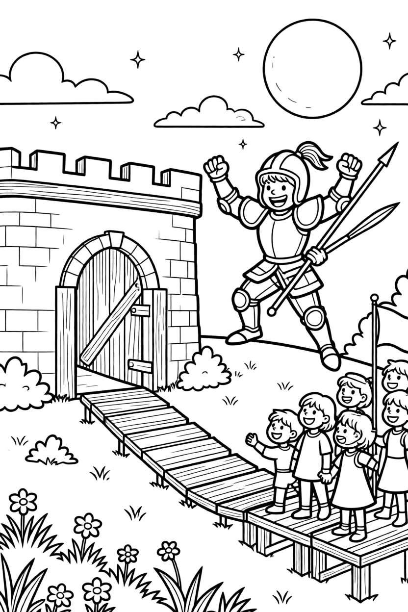 [Knights] A dynamic scene shows a brave knight in shining armor standing guard at a castle gate on a hillside overlooking a kingdom, cheering with both fists raised. Close by, a crowd watches from wooden stands. A long lance is tucked under one arm. The moment unfolds under a full moon, under clear blue skies, filled with energetic detail perfect for a young colorist.