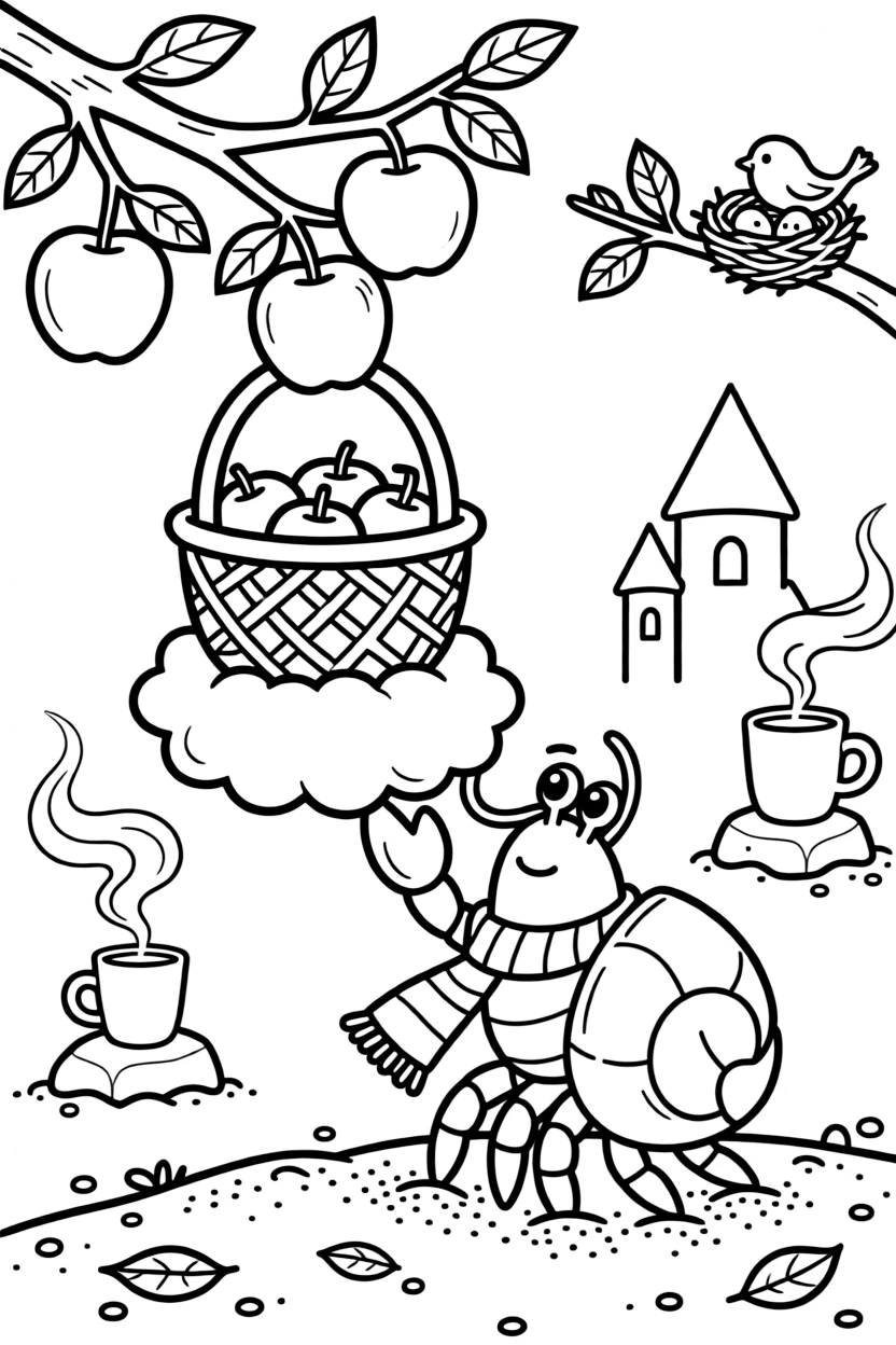 A hermit crab exploring the sand is picking ripe apples and filling a woven basket atop a fluffy cloud shaped like a castle. In the background, a curling wisp of steam from a warm mug and a tiny bird's nest tucked in a nearby branch bring the scene to life.