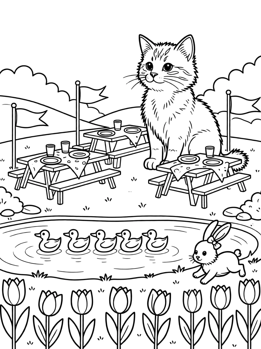 A curious kitten sitting beside a park filled with picnic tables and flags by a pond where ducklings paddle in a row, with a hopping bunny with a bow and a row of colorful tulips scattered about.