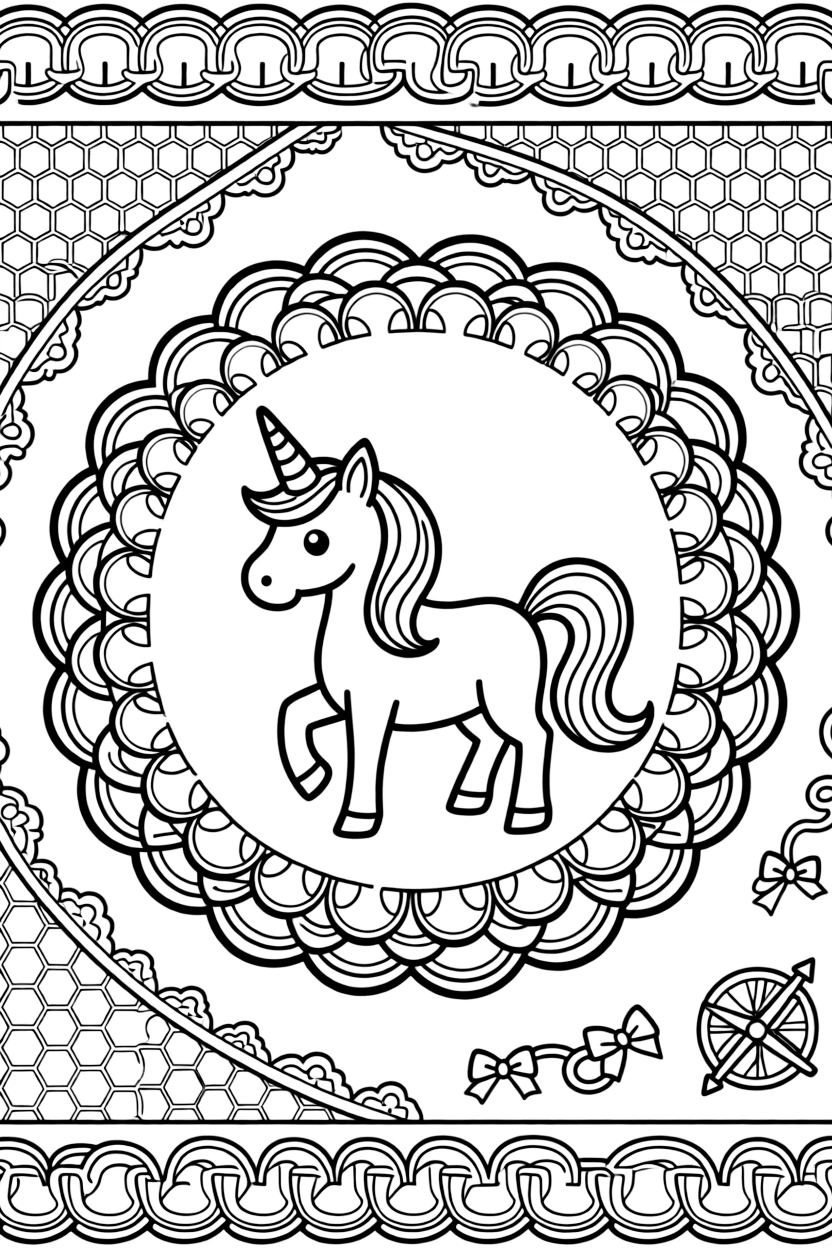 Mythical & Fantasy Creatures: The page presents a small themed scene built around a unicorn with a spiraled horn and flowing mane, tied together by a scalloped wreath mandala with rounded overlapping arcs. The scene is placed centrally within a scene bordered top and bottom by mirrored rows of smaller matching details. Decorative details fill the surrounding space, including a field of tiny honeycomb cells, delicate lace-edged fringes, and loops shaped like small bows woven throughout the background. A playful extra touch completes the page: a tiny compass shape resting in one corner of the design.