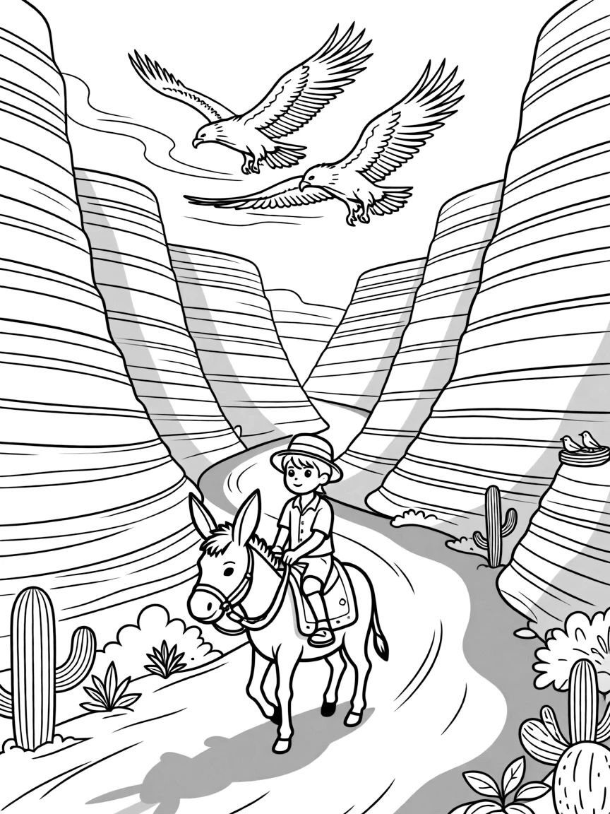 [Canyon Trails] A young explorer rides a friendly donkey along a winding trail deep within a red rock canyon. A pair of eagles soars above the canyon, riding the warm rising air currents. Layers of red, orange, and gold rock rise in dramatic stripes along the canyon walls. Soft evening shadows stretch across the canyon floor as birds return to their nests.