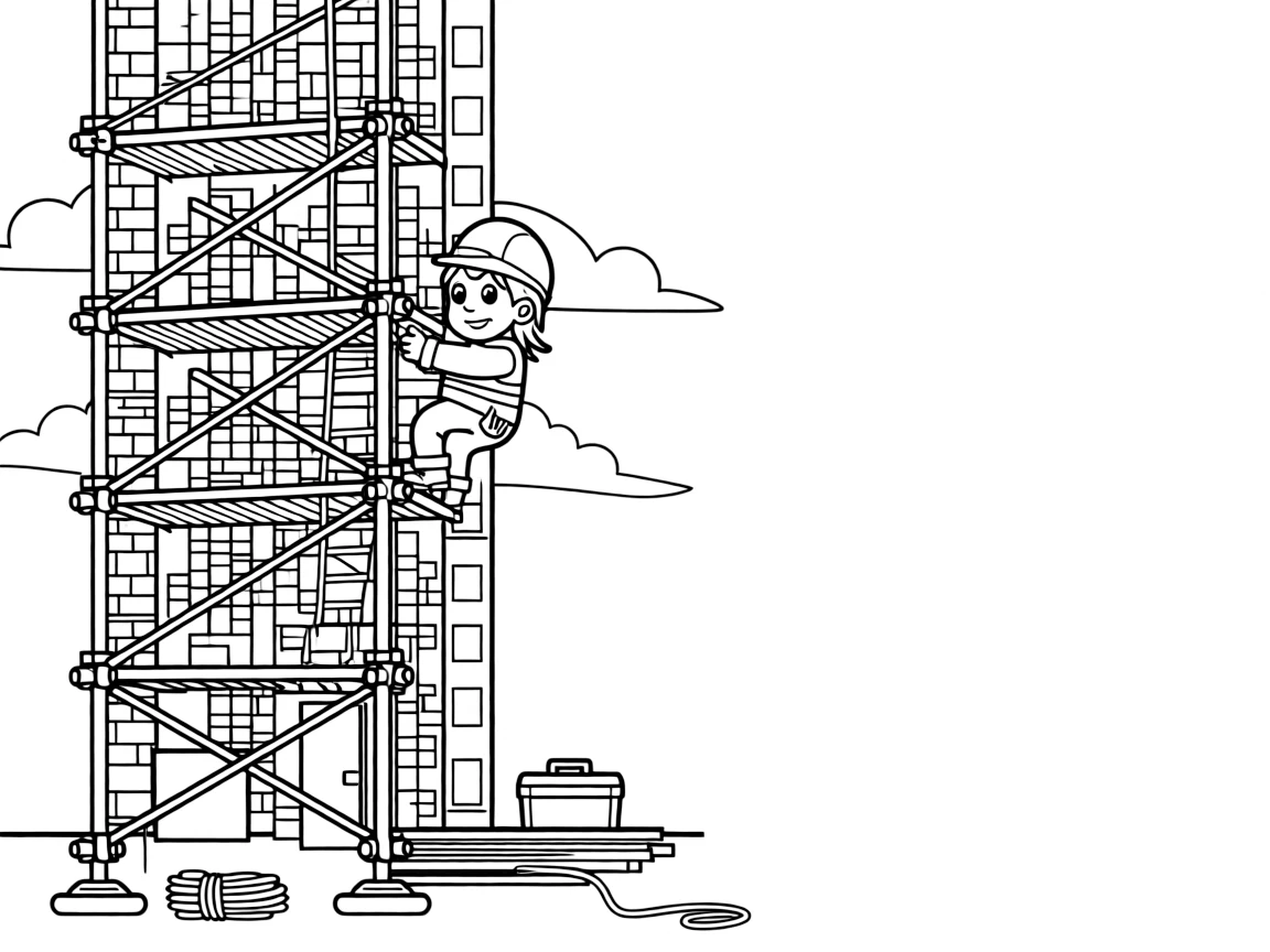 A scaffolding builder assembles metal poles up the side of a tall building.