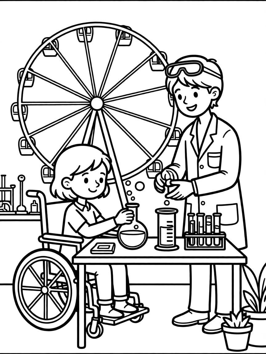 A girl using a wheelchair mixing colorful liquids with a scientist while a ferris wheel spins in the distance.