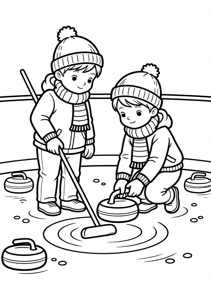 A pair of twin siblings, studying the ice carefully before choosing the right amount of curl for a shot.