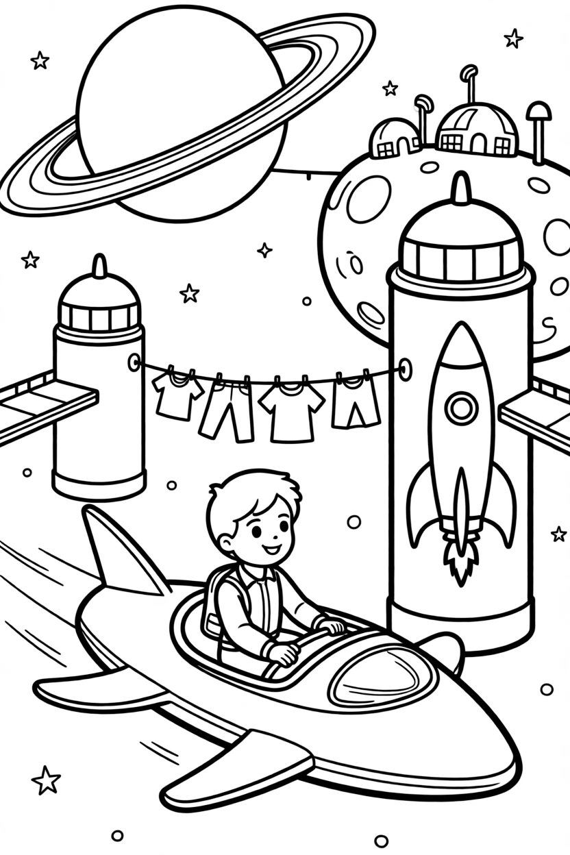 Pilot Nova zooming along on a sky-skiff delivering birthday cupcakes to a colony on the far side of the moon in a sprawling space station orbiting a ringed planet, as a line of laundry fluttering between two towers and a mural of a rocket ship painted on a nearby wall fill the scene.