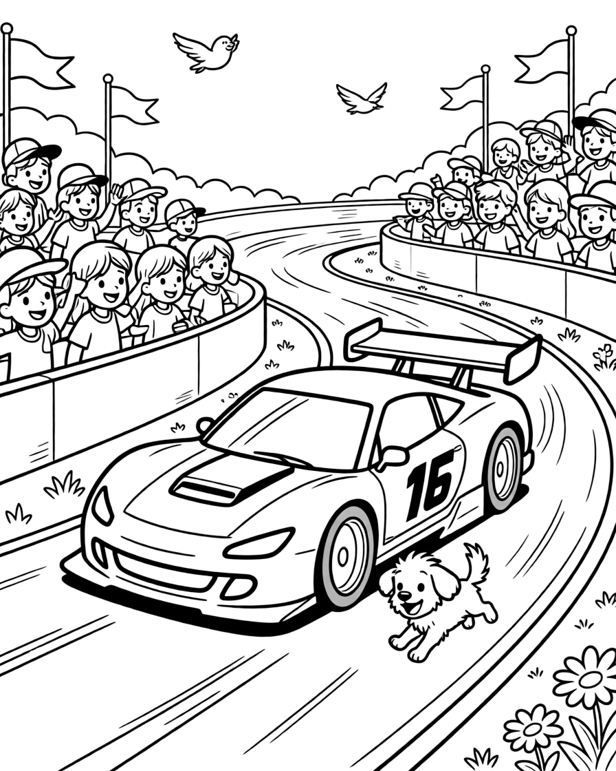 A sleek race car with a giant spoiler and racing number is shown journeying through a race track lined with cheering fans in the grandstands, with an excited puppy chasing along the road close by and colorful flags fluttering from every corner completing the lively scene.