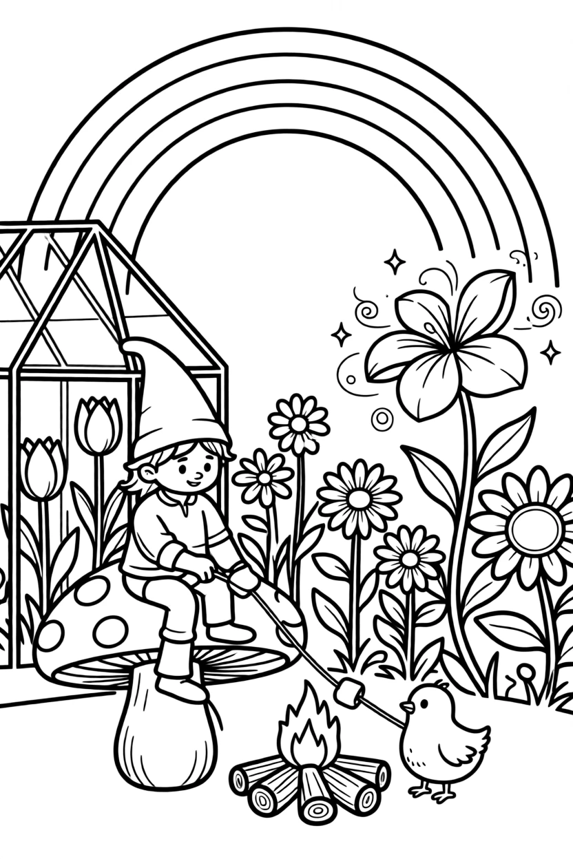 A mushroom-riding gnome pet in a greenhouse full of blooms, roasting marshmallows by a campfire with a chick, next to a magical glowing flower, while a rainbow arches overhead.