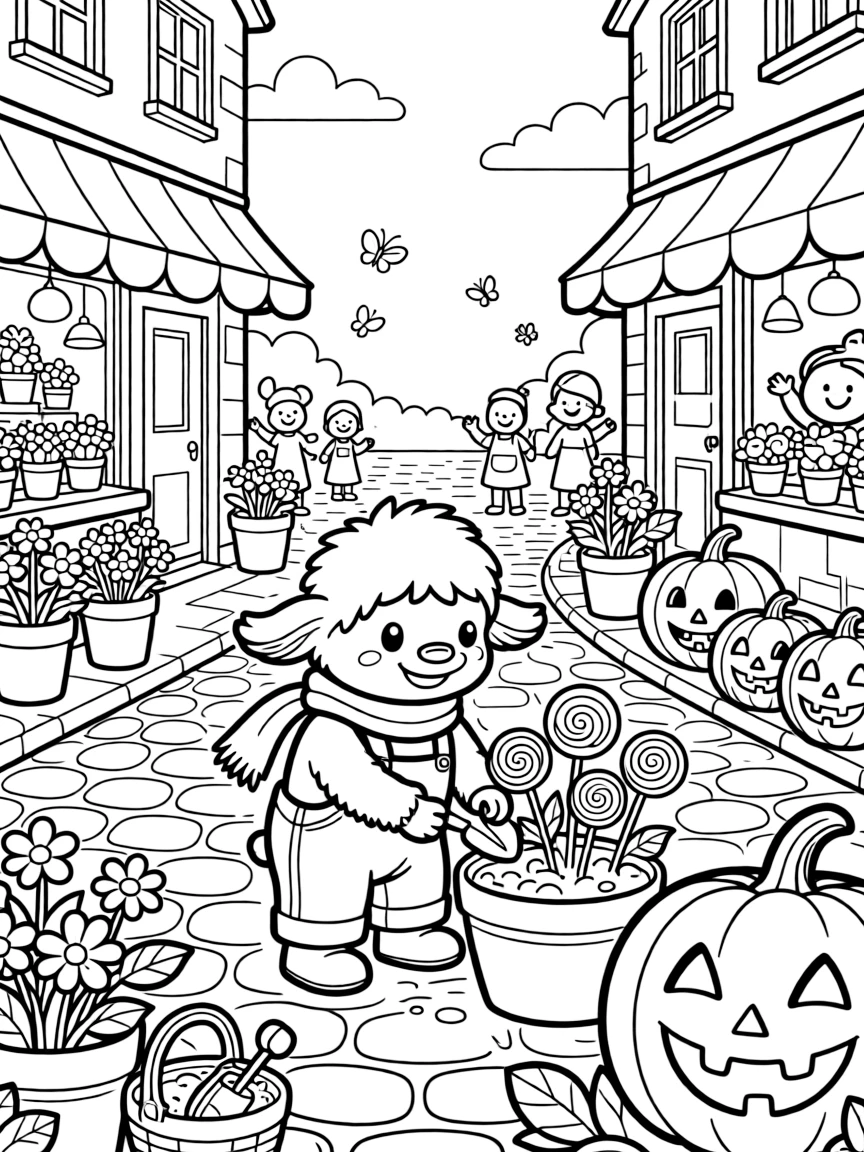 On a cobblestone street lined with flower shops, a pint-sized yeti cub discovers the joy of planting a garden of lollipop flowers, while a row of jack-o'-lanterns grinning in the dark watches happily nearby. Warm smiles and happy cheers fill the scene.