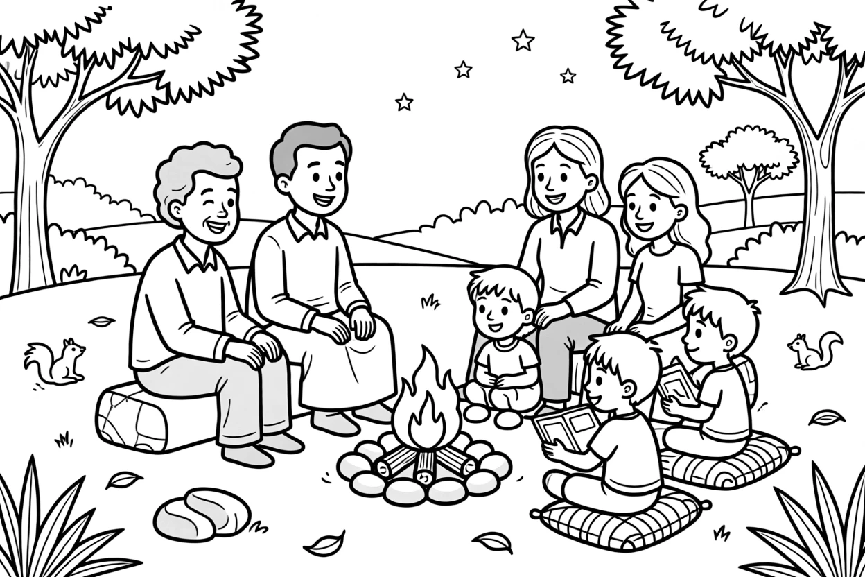 A coloring page of a family gathering for a storytelling evening around a fire in Zimbabwe, showing grandparents, parents, and children all taking part together in the fun.