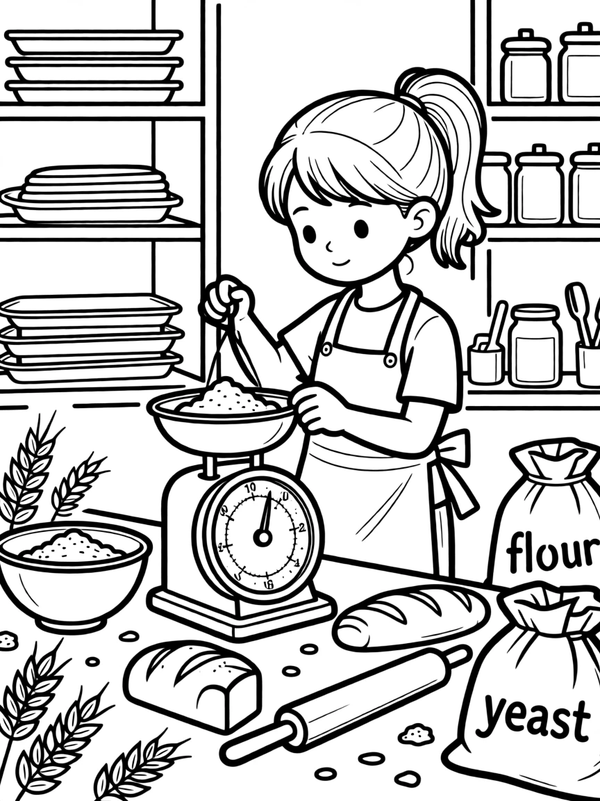 a thoughtful young girl measures ingredients on a scale while learning to bake bread at a bakery.