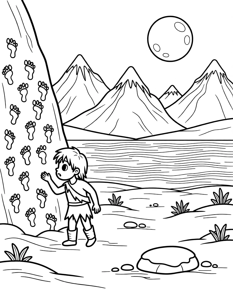 [Prehistoric Worlds] A dynamic scene shows a hunter examining ancient footprints painting on a cave wall near an icy mountain range, wide-eyed with wonder. Close by, snow blankets the rugged landscape. Icy peaks rise in the distance. The moment unfolds under a full moon, with heat waves shimmering in the distance, filled with energetic detail perfect for a young colorist.