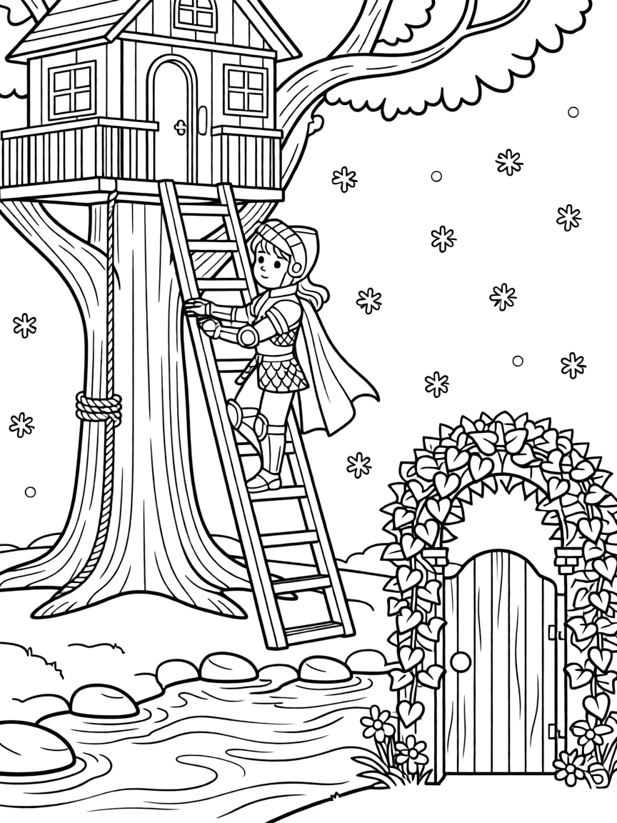 A girl knight in shining armor is climbing up to a treehouse hideaway in a glowing mermaid lagoon. Scattered nearby, gently falling snowflakes and a garden gate covered in climbing ivy add a playful, cheerful touch.