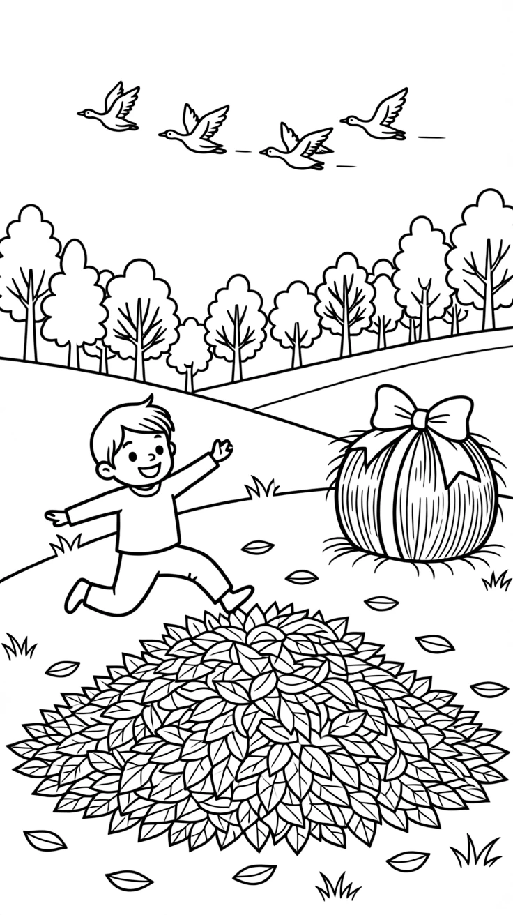 A close-up of a child leaping into a giant pile of leaves on a hillside overlooking a valley of changing leaves, surrounded by a flock of geese flying south and a hay bale decorated with a bow.