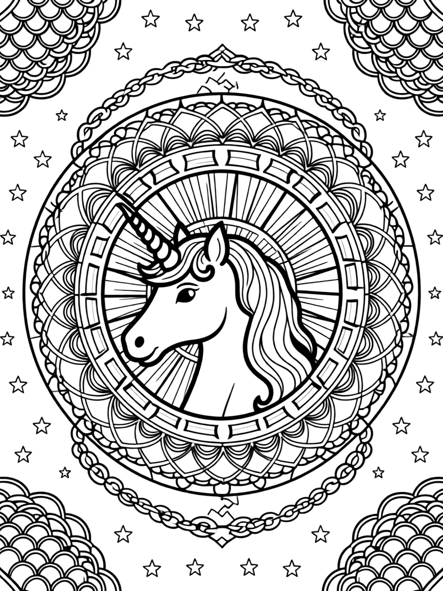 Mythical & Fantasy Creatures: The design turns a unicorn with a spiraled horn and flowing mane into a kaleidoscope-style composition anchored by an arched dome mandala built from layered nested arches. The imagery is broken into repeating fragments that spin outward from the center in a kaleidoscope-style circle of matching wedges. Decorative details fill the surrounding space, including overlapping fish-scale textures, interlocking circle chains, and clusters of small five-point stars woven throughout the background. A playful extra touch completes the page: a scattering of small stars filling in any open gaps in the pattern.