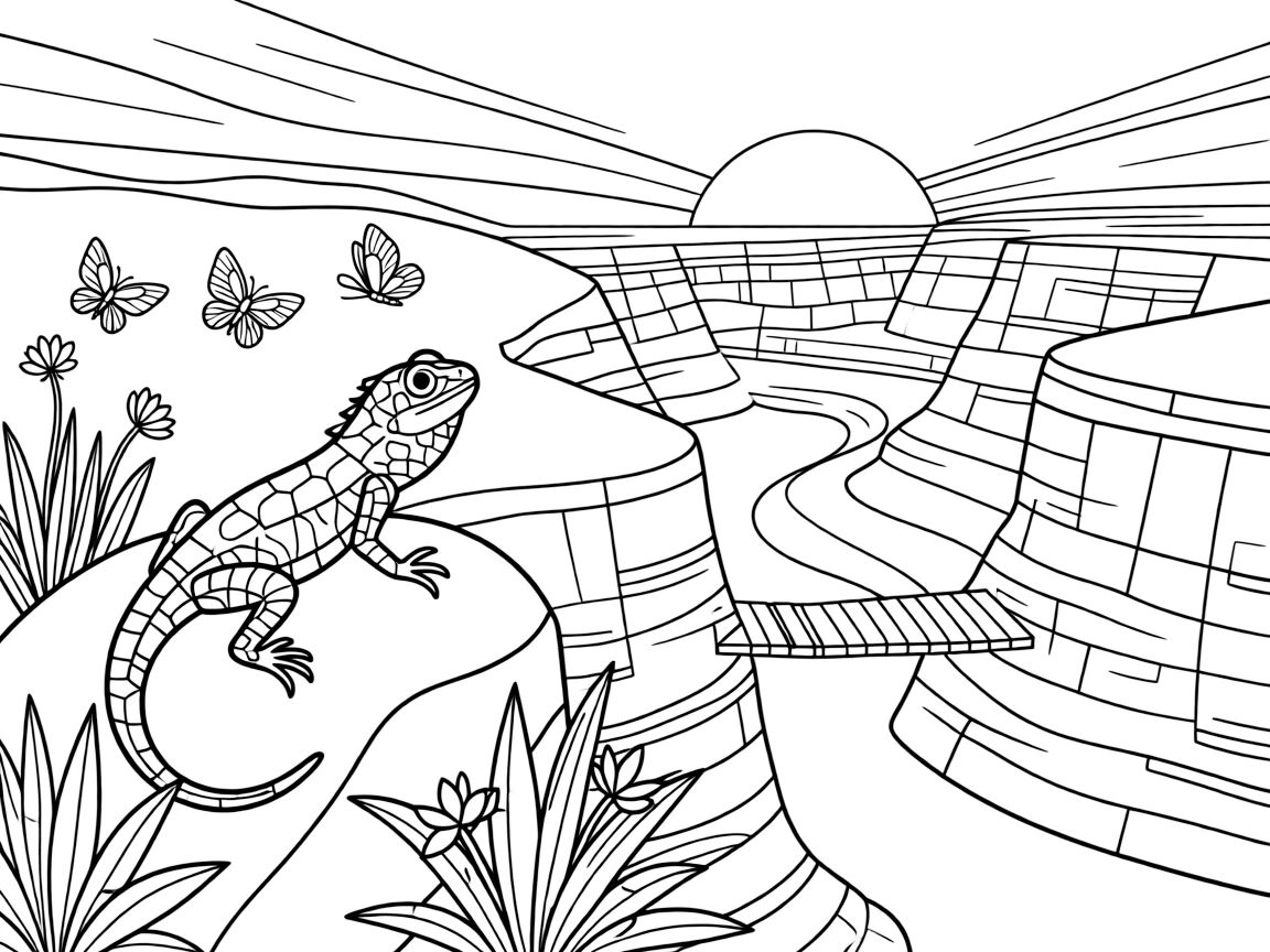 [Canyon Trails] A curious lizard suns itself on a warm rock overlooking a dramatic canyon vista. Butterflies drift along the canyon rim near a patch of hardy desert blooms. A narrow wooden bridge crosses a rocky gap between two towering canyon walls. The canyon glows deep orange as the sun sets behind the layered rock walls.