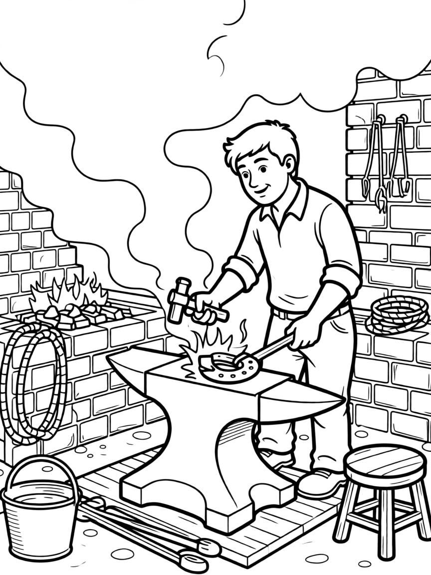 A blacksmith hammers a glowing horseshoe on an anvil in a smoky forge.