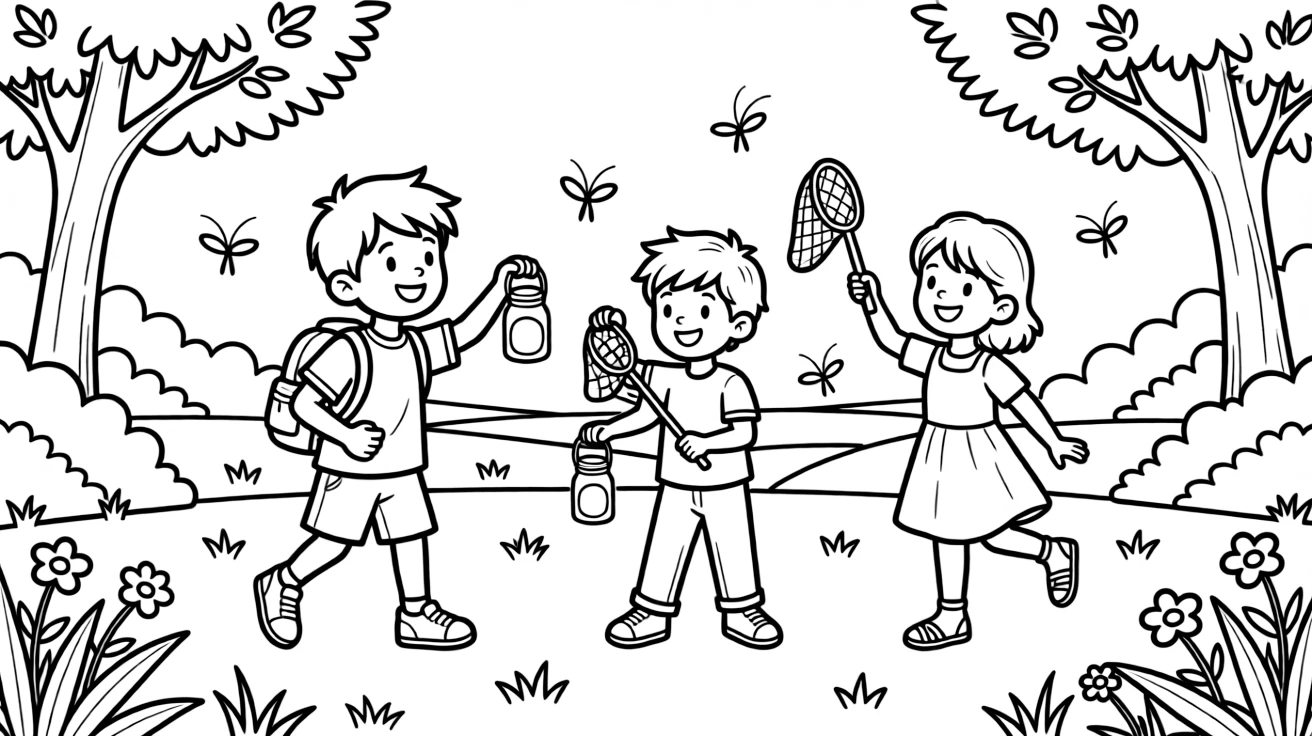 A boy with a backpack catching fireflies with cousins at the local park with fireflies glowing at dusk.