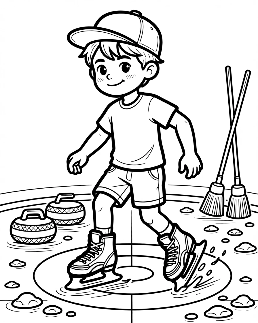 A confident boy wearing a bright cap, wearing special curling shoes with one slippery sole for gliding.