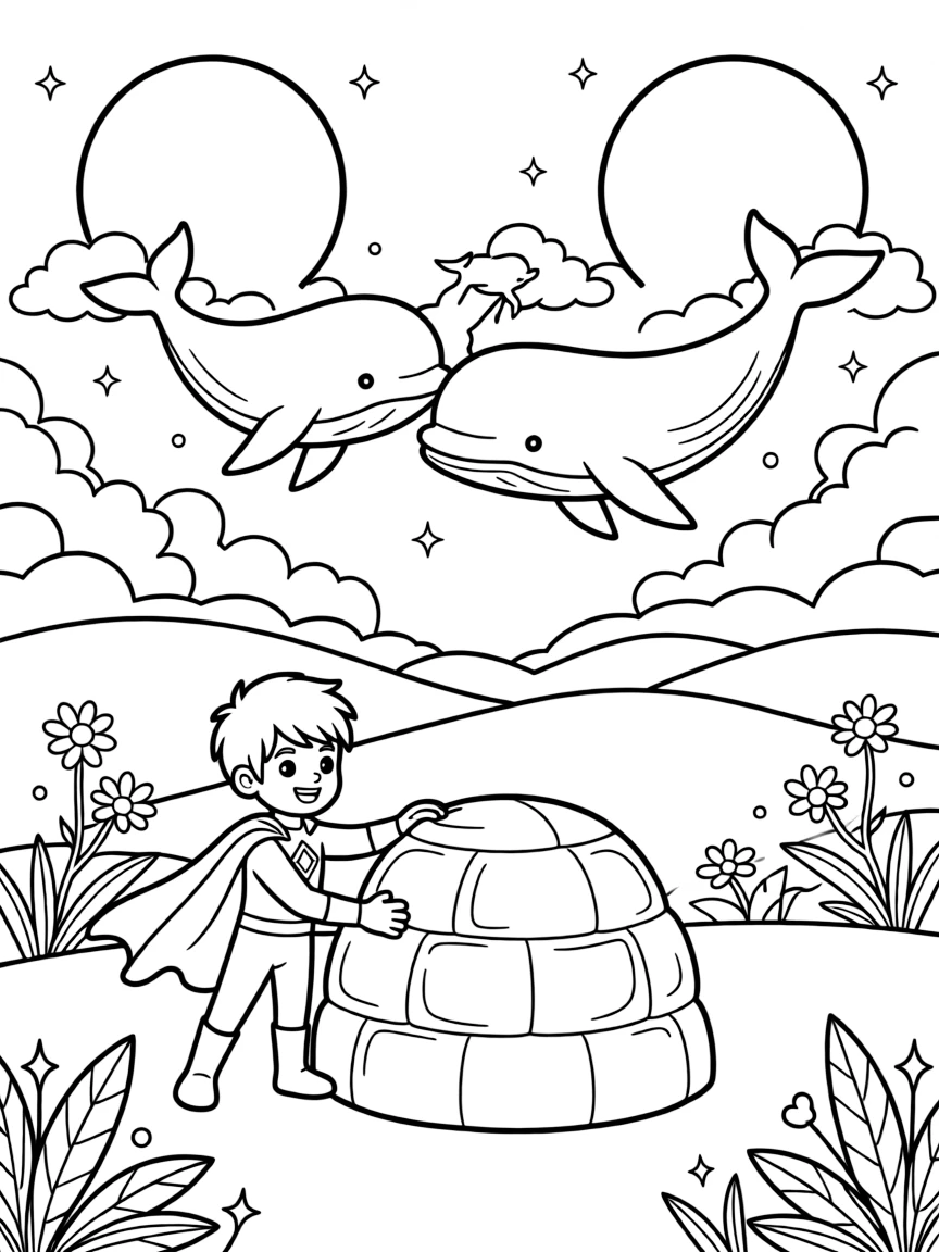 In a hidden valley on a distant planet ringed by twin moons, Guardian Blaze, a cheerful crystal-powered superhero kid building an igloo out of glowing ice blocks on a frost planet, while a family of gentle space whales swimming through the clouds adds to the excitement.