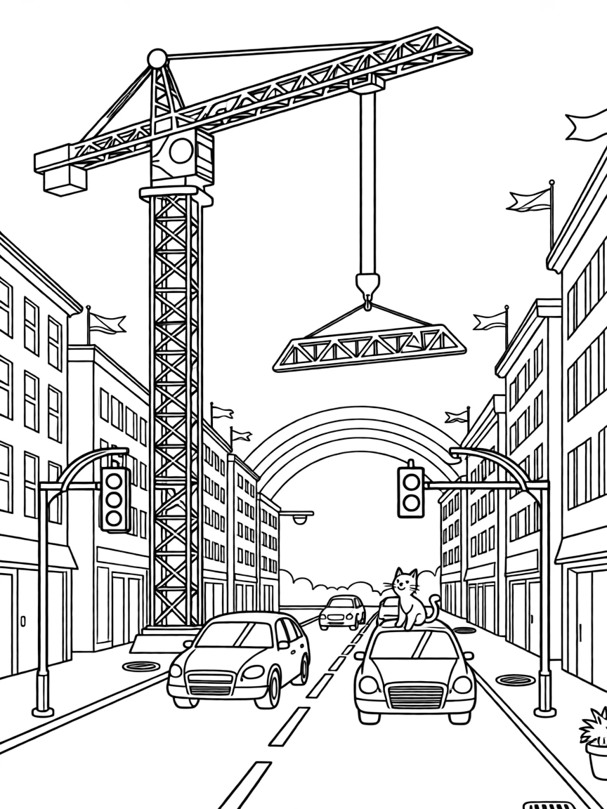 This page centers on a tall tower crane lifting a steel beam exploring a bustling city street lined with tall buildings and traffic lights, featuring a curious cat perched on the hood and little extras like a rainbow arching across the sky and colorful flags fluttering from every corner.