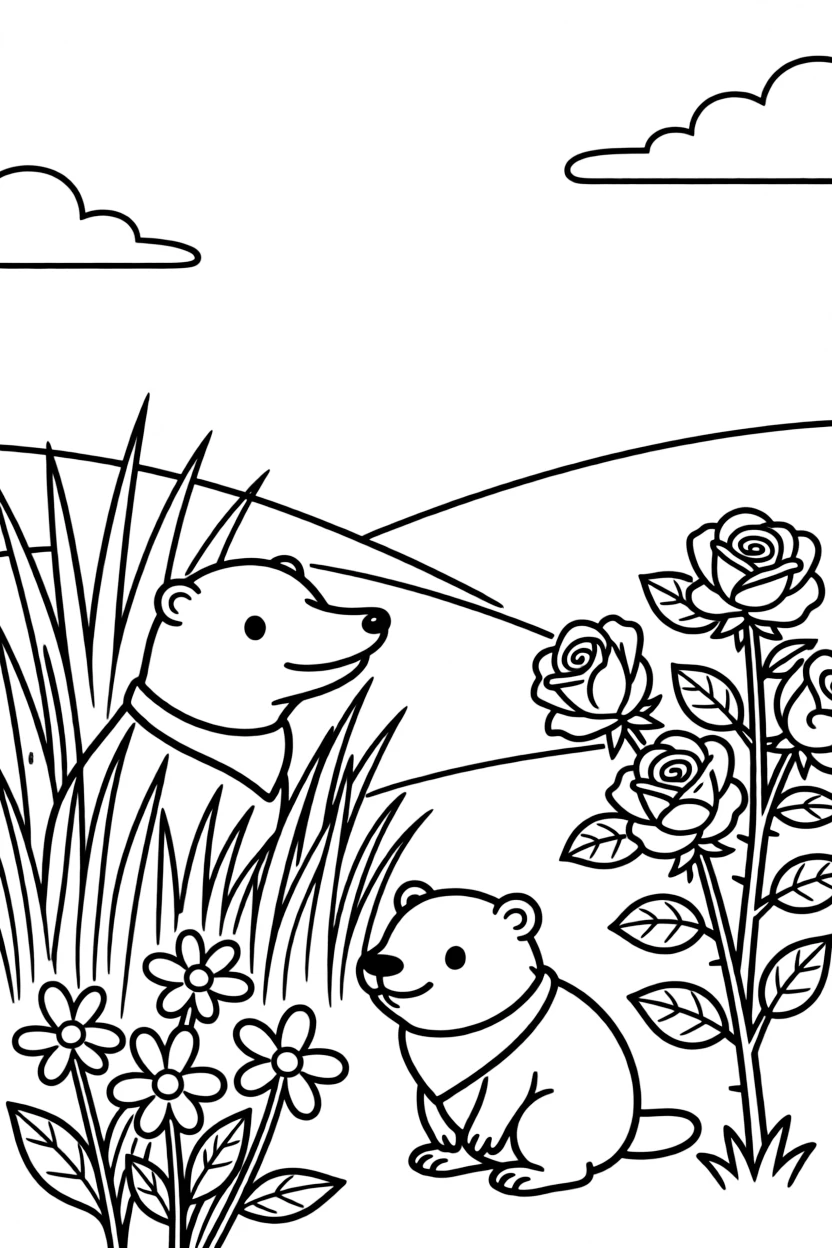A platypus in a field of tall grass, playing hide and seek among the flowers with a beaver, next to a rose bush.