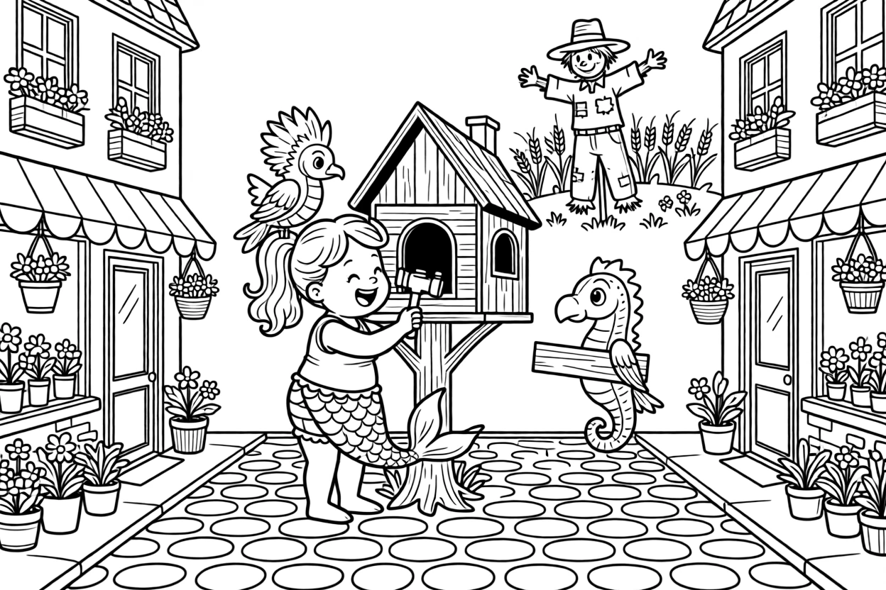 On a cobblestone street lined with flower shops, a chubby little mermaid and her seahorse friend is busy building a treehouse with hammer and nails, cheered on by a cheerful scarecrow waving from the field and a chatty parrot perched on one shoulder. It feels like the best day ever for everyone involved.