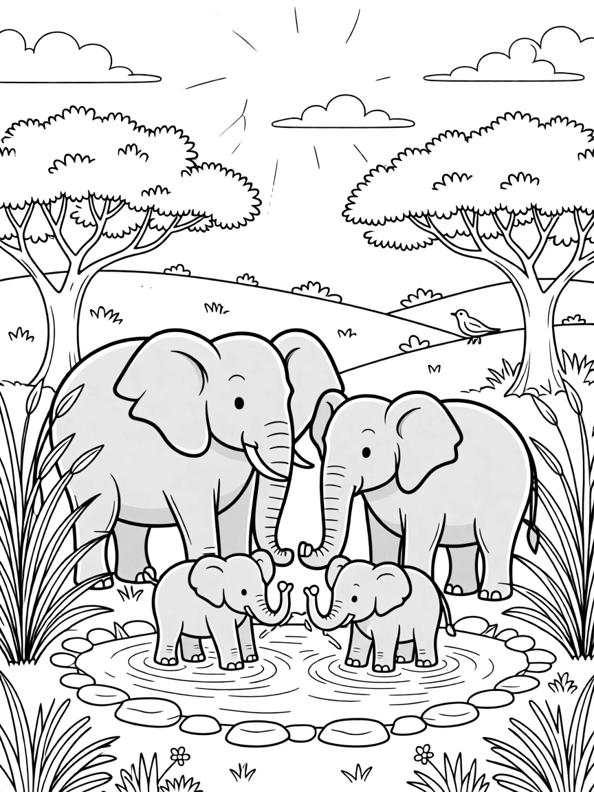 A coloring page of a gentle nature scene in Zimbabwe featuring a family of elephants gathering at a watering hole, surrounded by plants, rolling hills, and a bright sky.