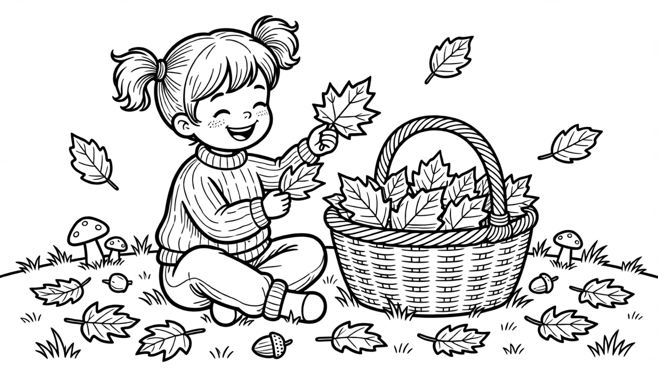 a giggling small child counts colorful autumn leaves while sorting them into a woven basket.