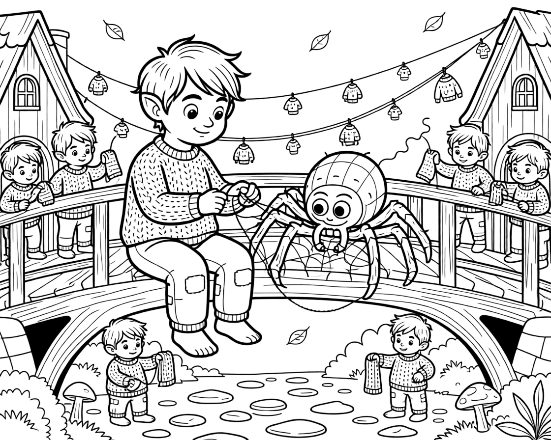 A troll's pet spider knits sweaters from web-silk for the whole bridge-dwelling family during the winter months.