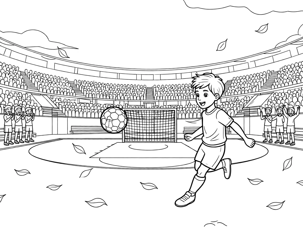 [Sports] a young soccer player kicking the ball toward the goal in a packed basketball arena, gasping in amazement. Nearby, teammates cheer from the sidelines. A ball flies through the air mid-motion. The scene is captured on a crisp autumn afternoon, with a light breeze blowing, giving the page a lively and adventurous feel that invites plenty of colorful detail.