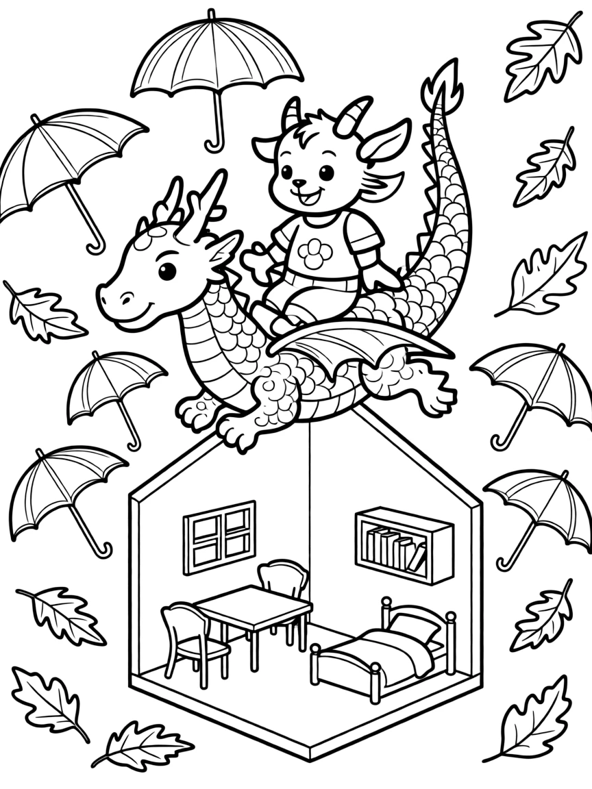 A bouncy baby goat is soaring through the sky on the back of a gentle dragon inside a dollhouse-sized world of tiny furniture. Scattered nearby, a row of colorful umbrellas and swirling autumn leaves in every color add a playful, cheerful touch.