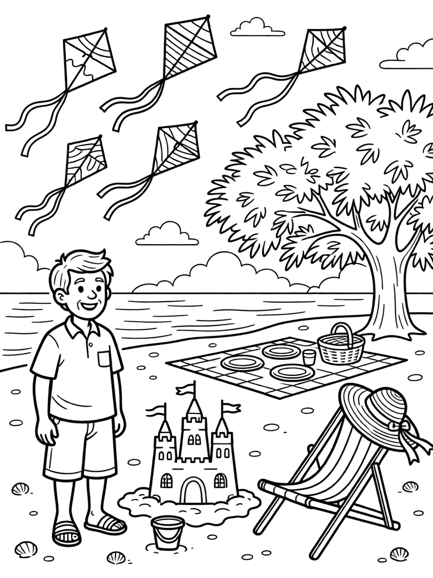 A beach full of colorful kites dancing in the wind at a lively outdoor picnic under a shady tree, while a proud grandfather looks on nearby, a bucket and shovel by a sandcastle and a sunhat resting on a beach chair completing the scene.