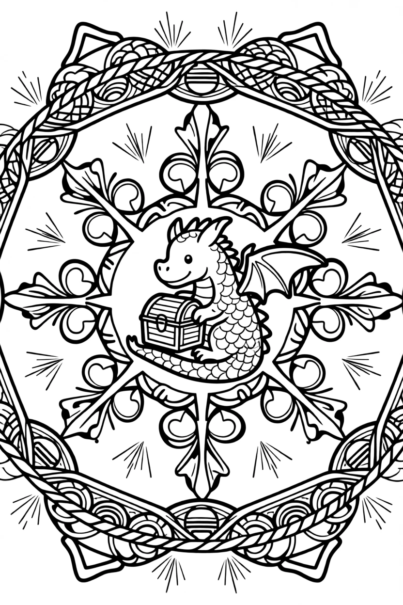 Mythical & Fantasy Creatures: The main subject is a friendly dragon curled protectively around a treasure chest, drawn as the focal point of a snowflake-shaped mandala with six symmetrical arms. It is centered on the page, anchoring a design that expands outward in smooth, even waves. Decorative details fill the surrounding space, including rows of scalloped fan shapes, bands of braided rope shapes, and rays fanning out like a small sunburst woven throughout the background. A playful extra touch completes the page: a small treasure chest half-hidden along one edge of the design.