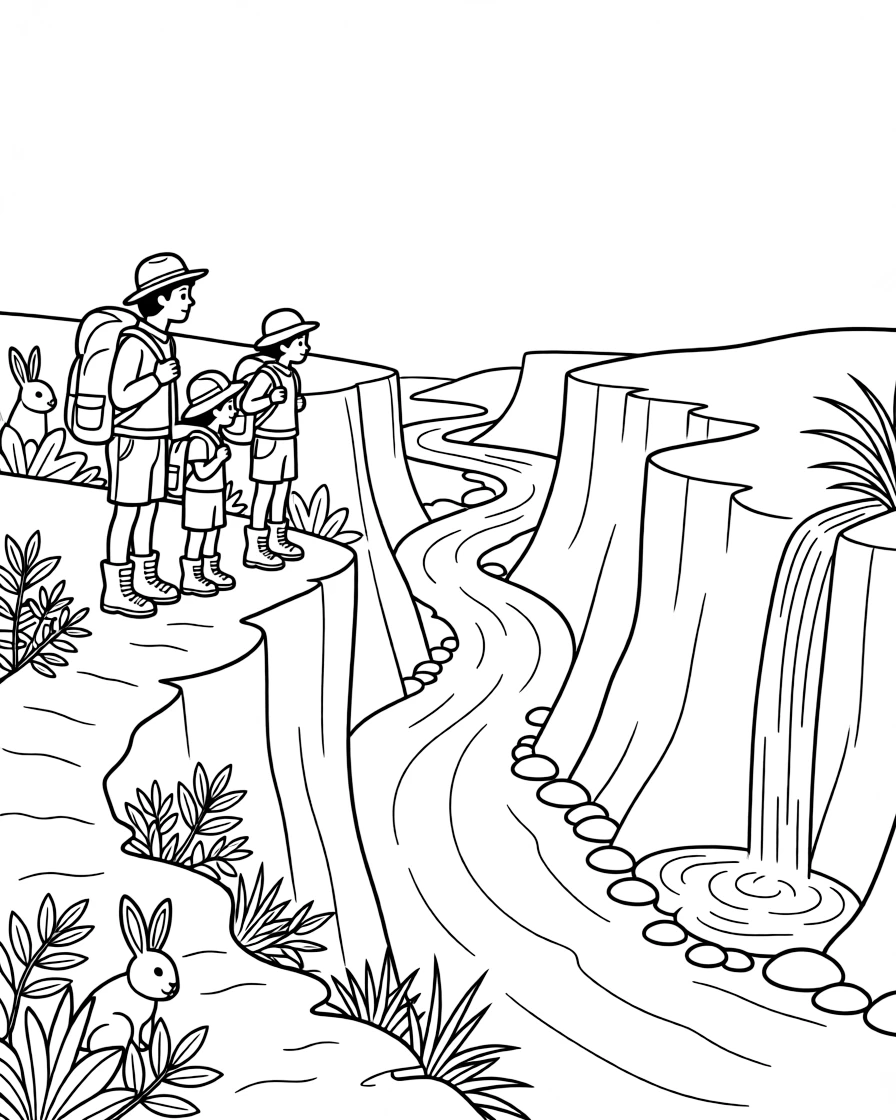 [Canyon Trails] A group of hikers pauses to admire a winding river far below the canyon rim. A family of rabbits hides among the scrubby bushes growing along the canyon trail. A small waterfall trickles down the canyon wall into a pool ringed with smooth stones. A warm breeze drifts through the canyon beneath a wide, clear blue sky.