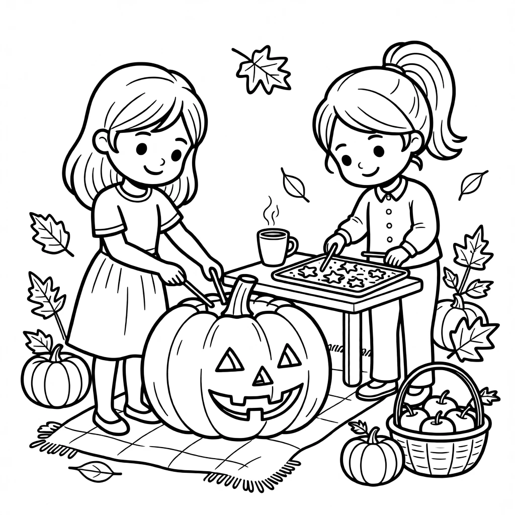 A tall girl carving a jack-o-lantern during a harvest festival with a big sister as star-shaped cookies cool on a tray.
