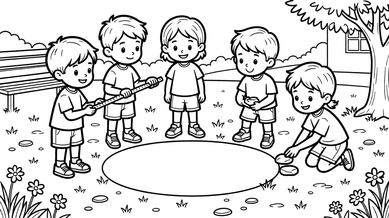 A group of classmates, measuring the distance between two stones near the center circle.