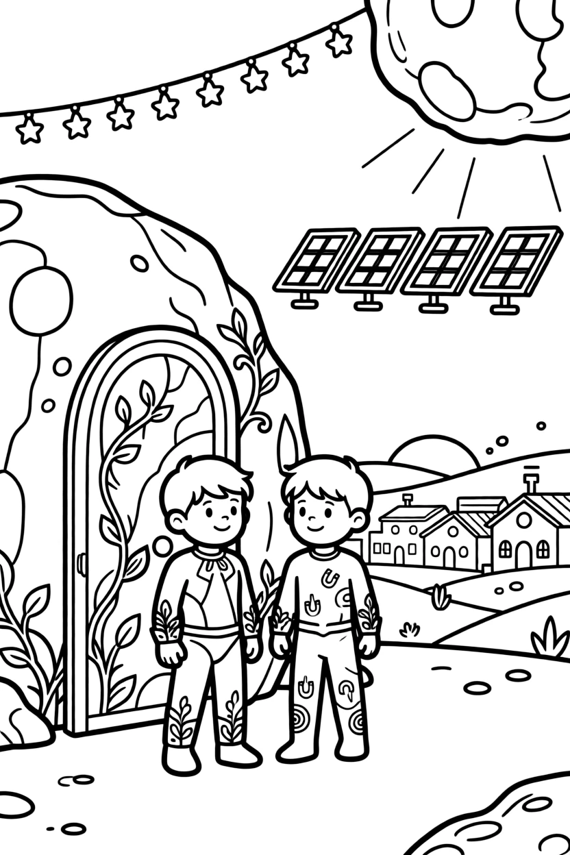 Twin superhero siblings Quasar (plant-controlling) and Juno (magnetic) discovering a hidden door inside an ancient asteroid in a small frontier town on a dusty desert moon, as twinkling string lights strung between floating platforms and a row of solar panels catching the sunset fill the scene.