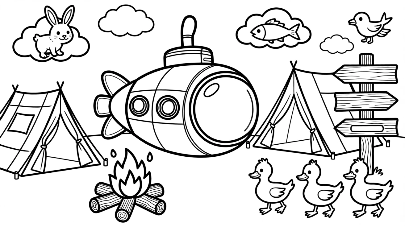 In this scene, a mini submarine explorer with a bubble-shaped window is the star of a cozy campground with tents and a crackling campfire, joined by a family of ducks waddling alongside, with an old wooden signpost pointing to faraway towns and fluffy clouds shaped like animals drifting overhead scattered throughout for kids to color.