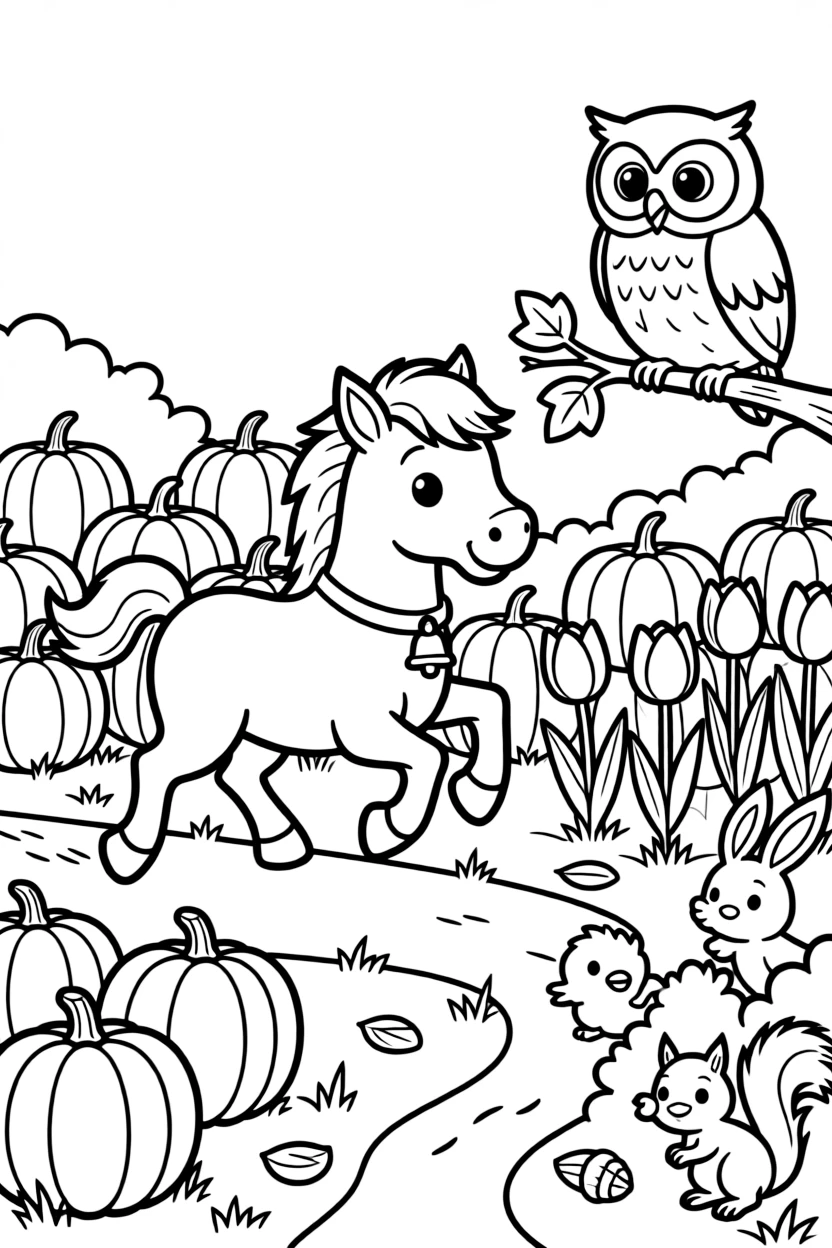 A foal in a pumpkin patch in October, racing playfully alongside a wise old owl, next to a bed of tulips, while baby animals peek out from the bushes.